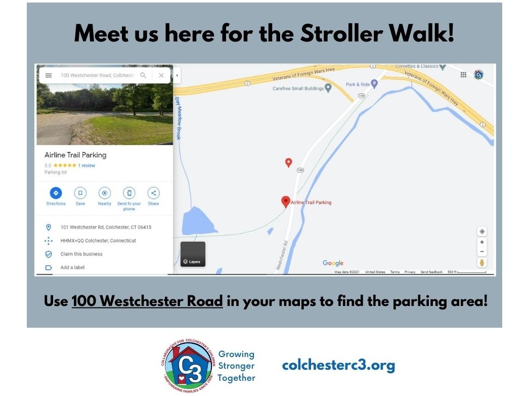 Monthly Stroller Walks on the Airline Trail. Join us for  fresh air, movement and connection with your child & others! All walks begin at 10:00 AM - hoping for the weather to warm up a little!